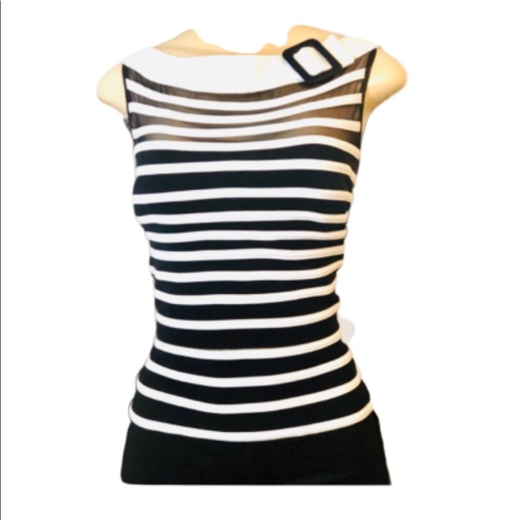 Cache Tops - CACHE BLACK WHITE SHEER STRIPED BOATNECK TOP